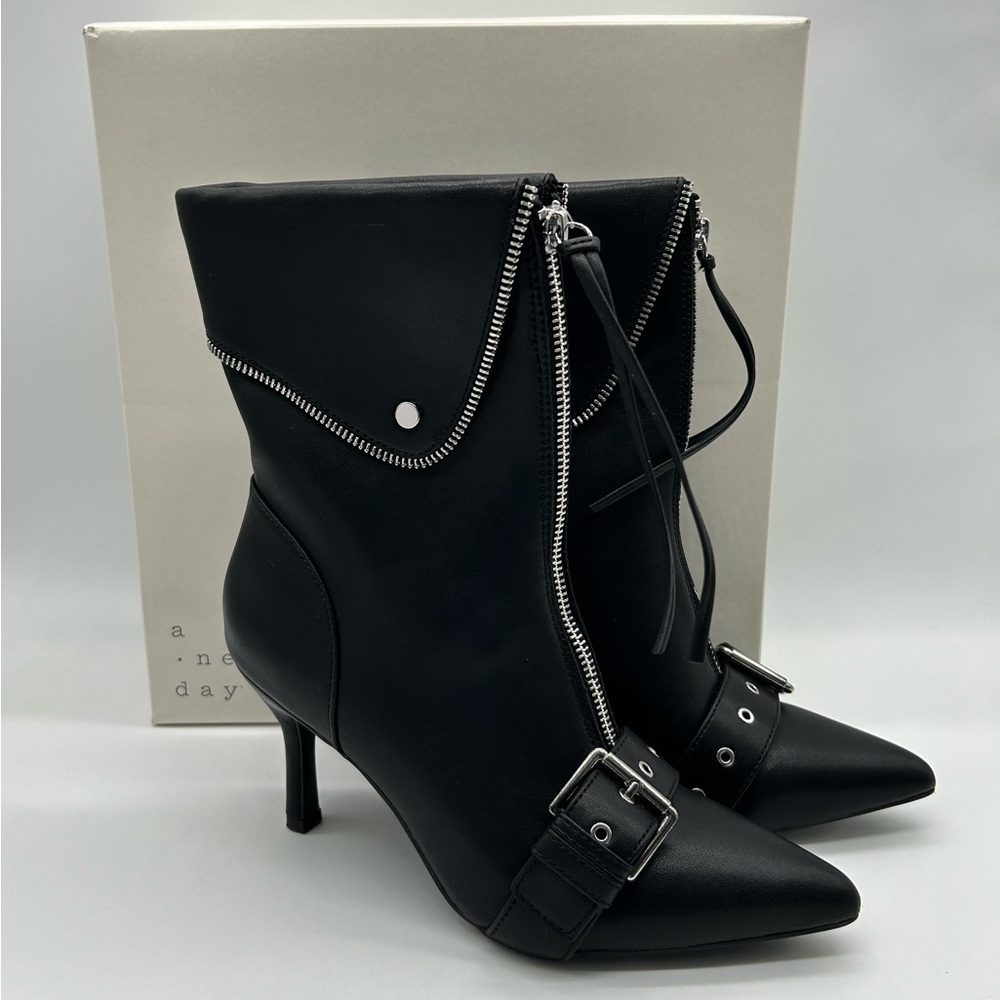 A New Day Black Buckle Pointed-Toe Stiletto Ankle Boots | Vegan | 7.5 NWB - Picture 11 of 11